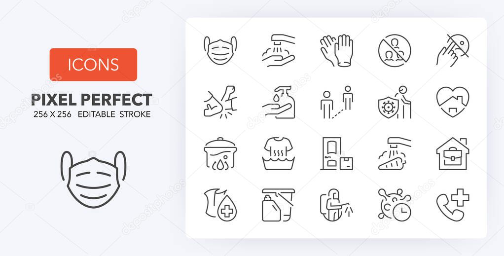 Coronavirus prevention thin line icon set. Outline symbol collection. Editable vector stroke. 256x256 Pixel Perfect scalable to 128px, 64px...