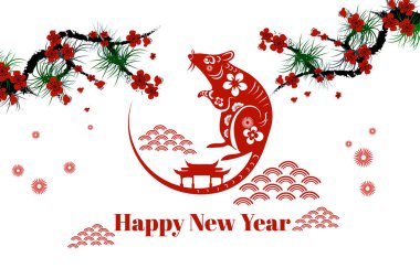2020 yılında Çin 'de sıçan, kırmızı ve altın çizgili fare karakteri, arka planda zanaat stili olan basit Asya unsurları. (Çince çeviri: mutlu Çin Yeni Yılı 2020, fare yılı)