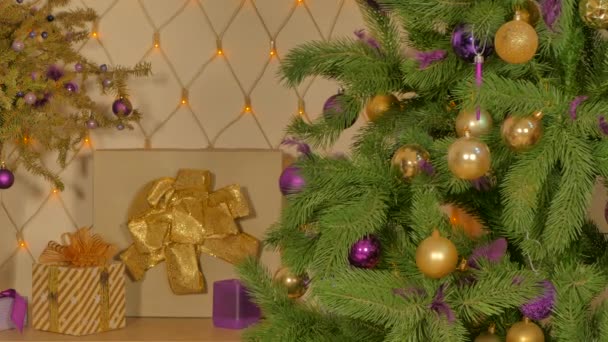 Geschmückter Weihnachtsbaum vor dem Hintergrund einer Girlande — Stockvideo