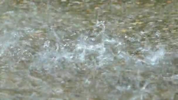 De grandes gouttes d'eau de pluie tombent dans une flaque d'eau. Mouvement lent .
