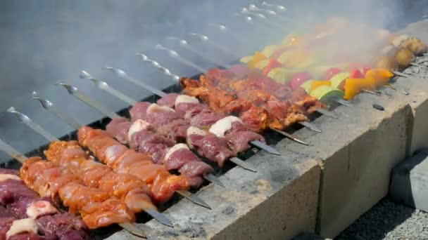 Groenten en vlees worden gebrand op de grill — Stockvideo