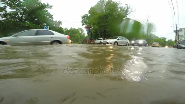 Auta jedoucí na městských komunikacích v deštivém počasí — Stock video