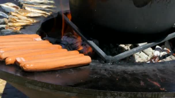 Повар жарит сосиски и рыбу на монгале — стоковое видео