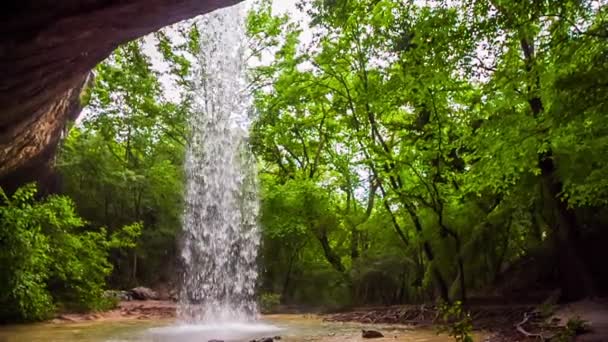 Air terjun di belakang gua di hutan. Gerakan lambat . — Stok Video