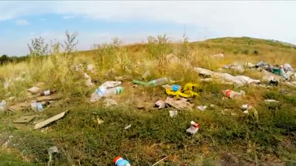 Trávy na okraji silnice otevřel hromadu smetí. ptáci-pohled. — Stock video