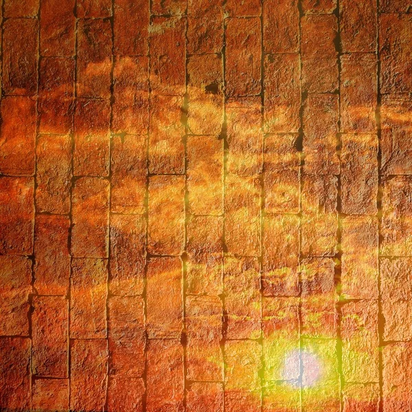 Old brick wall overlayed with blue sky sunset technique — Stock Photo, Image