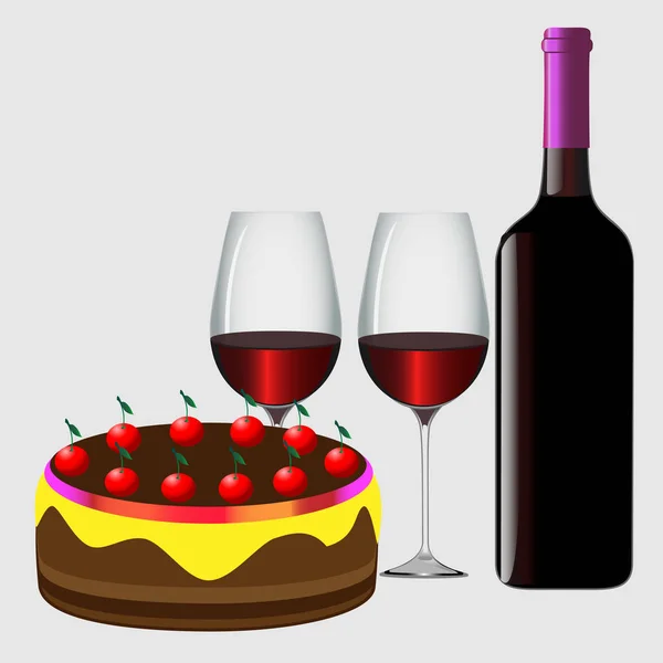 Flaches Vektorbild eines Weinglases und einer Scheibe Schokoladenkuchen — Stockvektor
