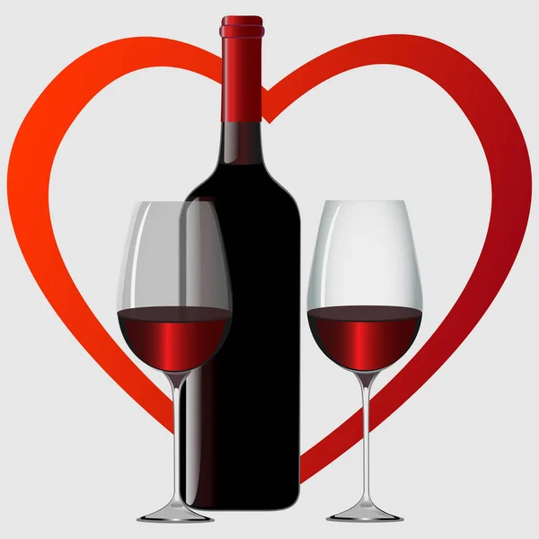 Deux verres de vin et un cœur rouge. Illustration vectorielle — Image vectorielle