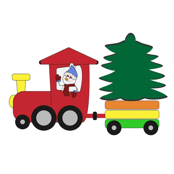 Lustiger Weihnachtsschneemann auf einer Lokomotive mit Weihnachtsbaum, Illustration des animierten Retro-Cartoons — Stockvektor
