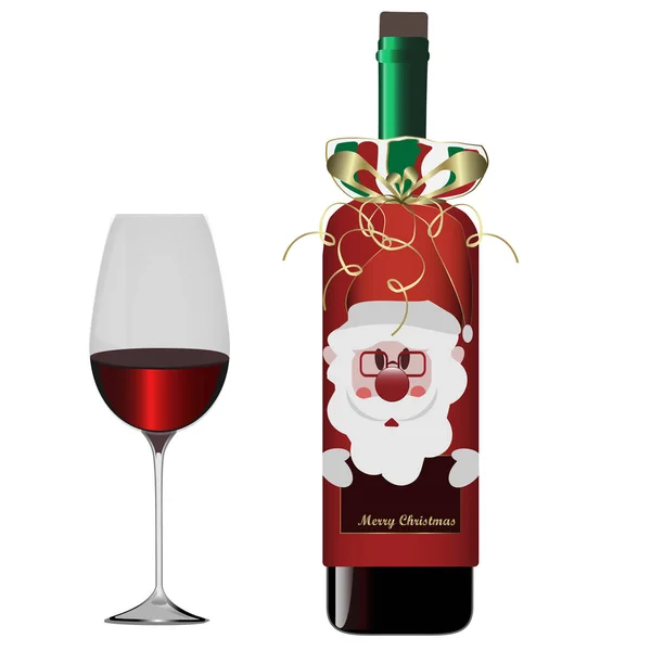 Butelka czerwonego wina w świątecznych ciuchach ze szklanką na białym tle. Projekt noworoczny. — Wektor stockowy