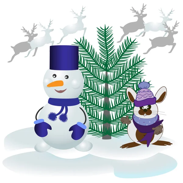 Забавный рождественский снеговик и заяц возле елки, иллюстрация для печати открыток — стоковый вектор