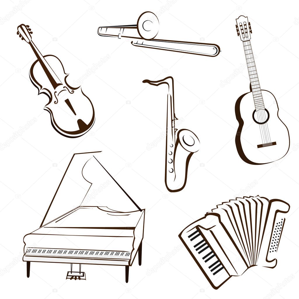 Music icon collection - vector silhouette illustration. Violin, trumpet, guitar, piano, button accordion 