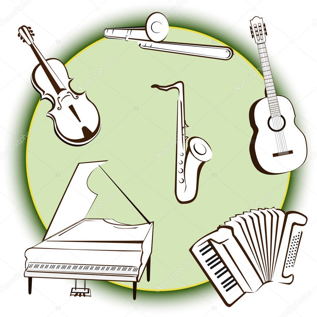 Collection of music icons on green background - vector silhouette picture