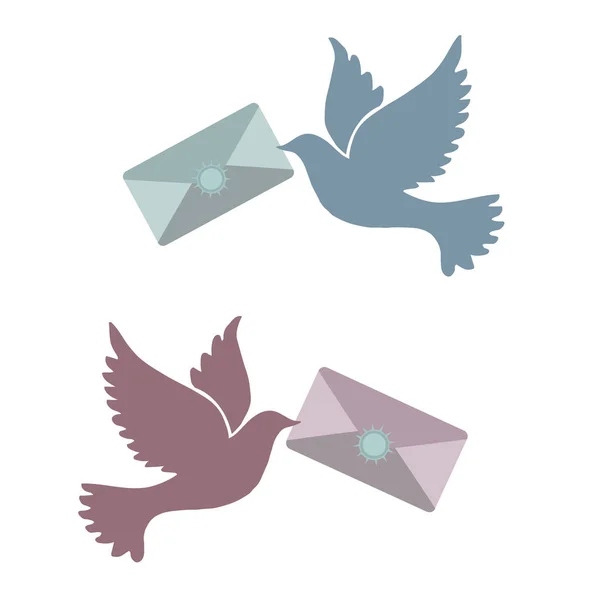 Vogels brengen nieuws, boodschap, gefeliciteerd. Post vogel. Embleem voor enveloppe, kaarten, afdrukken, visitekaartjes. — Stockvector