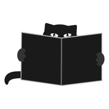 Kitap okuyan zeki, sevimli bir kedinin tasviri. Vektör resmi, kolayca düzenlenebilir.