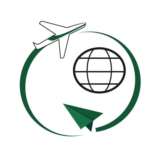 Seyahat-konsept iş logosu şablon vektör illüstrasyon. Soyut küre dünya ile uçak. Grafik tasarım elemanı.
