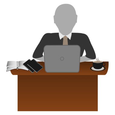 Ofis çalışanı, iş adamı elinde dizüstü bilgisayarla masada oturuyor. Danışman, konsept pazarı, uzak çalışanlar için online konferans. Uzak çalışma