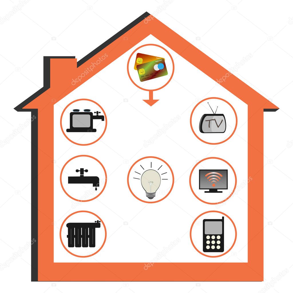 Online utilities payment icon: picture of a house, gas, light bulb, faucet, phone services, water