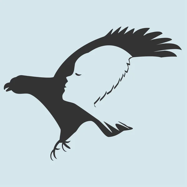 Flying Black Bird Profile Beautiful Girl Symbol Freedom Tattoo Option — Stock Vector