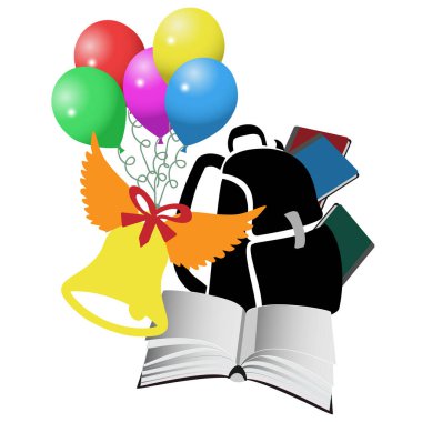 Okul çantasından, ders kitaplarından, zil ve balonlardan renkli bir kompozisyon. Tebrikler, tipografi, yeni okul yılı, bayram afişi. Lise mezuniyeti.
