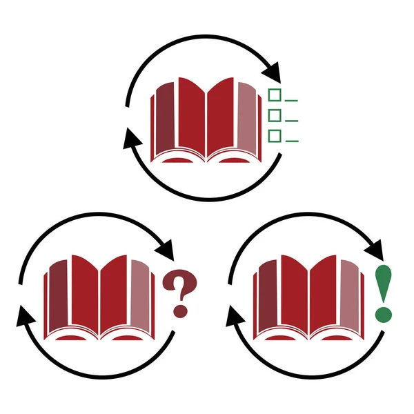 Beyaz arkaplanda web tasarımı için açık kitap simgeleri kümesi. Anket ikonları, analitik, kitap araması, araştırma raporu, online araştırma. Çevrimiçi öğrenme. Vektör illüstrasyonu