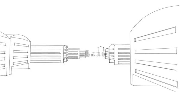 Factory buildings sketch drawings in perspective view, work office and factory building. Hand drawn cartoon 3d illustration.