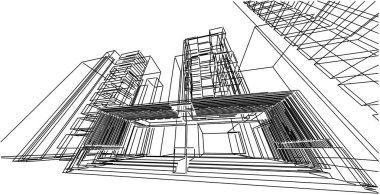 3d illüstrasyon mimarisi bina perspektif çizgileri.