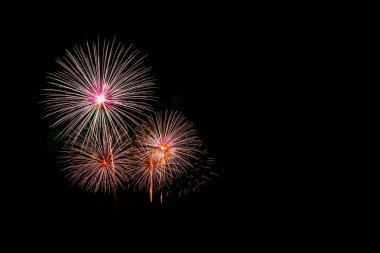 Deniz sahilinde güzel renkli havai fişek gösterisi, harika bayram havai fişekleri partisi ya da karanlık gökyüzündeki herhangi bir kutlama etkinliği..
