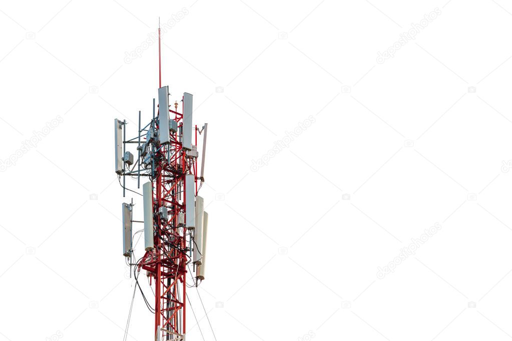 Base Station or Base Transceiver Station. Wireless Communication Antenna Transmitter. Telecommunication tower with antennas on white background. 
