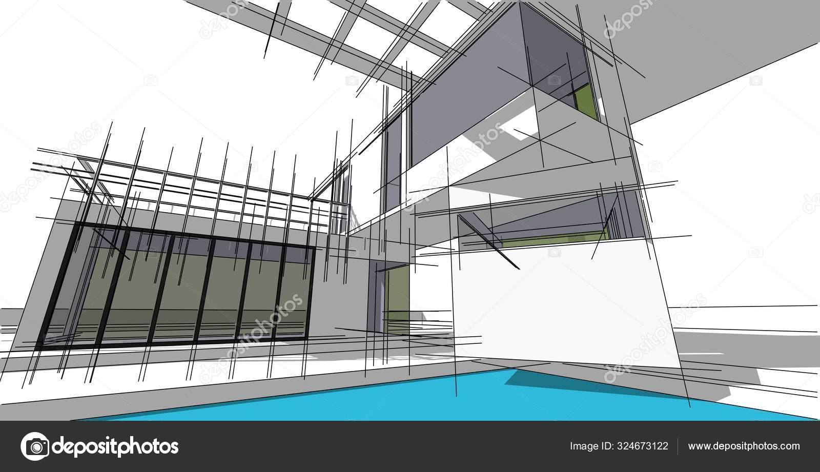 Architectural Sketch Line Modern House Design Work Free Hands Drawing —  Stock Photo © bnmk0819 #324673122, image size:1600x921