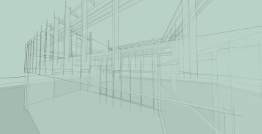 Mimari eskiz çizimi, Modern ev tasarımı serbest çizim, bina planı, 3D illüstrasyon..