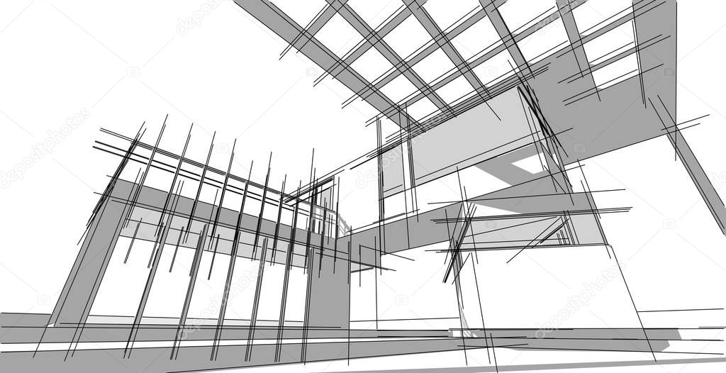 Architectural sketch line, Modern house design work free hands drawing, Blueprint construction, 3D illustration.