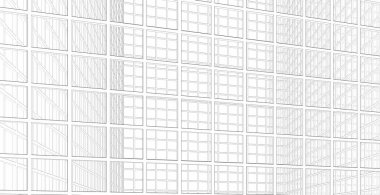 Kare bir yapıda soyut modern mimari yapı cam duvar, 3 boyutlu illüstrasyon