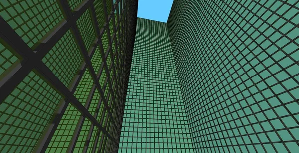 Kare bir yapıda soyut modern mimari yapı cam duvar, 3 boyutlu illüstrasyon