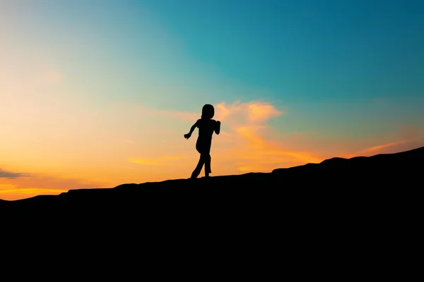 Silhouette Girl Running Hill Sunset Sky — Stock Photo, Image