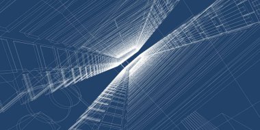 3d illüstrasyon mimarisi bina perspektif çizgileri.