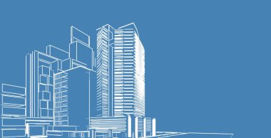 3d illüstrasyon mimarisi bina perspektif çizgileri.