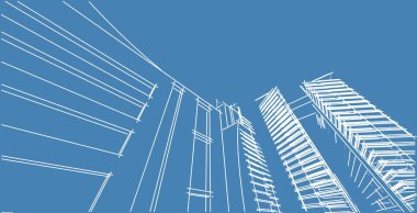 3d illüstrasyon mimarisi bina perspektif çizgileri.