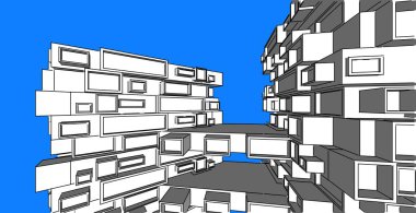 Mimarlık bina 3d illüstrasyon, modern kentsel mimari soyut arka plan tasarımı.