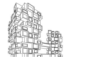 Mimarlık bina 3d illüstrasyon, modern kentsel mimari soyut arka plan tasarımı.