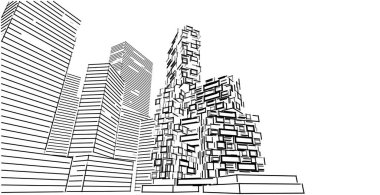 Modern mimari şehrin manzarası, yüksek binalar, modern Sketch tarzını gösteren çizgiler. Görüntü.