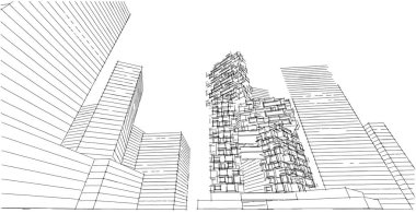 Modern mimari şehrin manzarası, yüksek binalar, modern Sketch tarzını gösteren çizgiler. Görüntü.