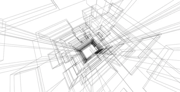 概要建築ワイヤーフレーム背景デザイン 建築物の3Dイラスト 現代の都市建築 — ストック写真