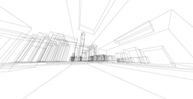 Modern mimari tel kafes. Kentsel tel kafes kavramı. Tel kafes bina mimari 3d illüstrasyon