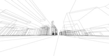 Modern mimari tel kafes. Kentsel tel kafes kavramı. Tel kafes bina mimari 3d illüstrasyon