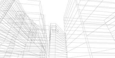 Modern mimari tel kafes. Kentsel tel kafes kavramı. Tel kafes bina mimari 3d illüstrasyon