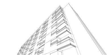 Eskiz mimarisi. Kentsel kablo çerçevesi kavramı. Mimarinin 3 boyutlu kablo iskeleti çizimi