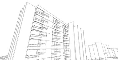 Eskiz mimarisi. Kentsel kablo çerçevesi kavramı. Mimarinin 3 boyutlu kablo iskeleti çizimi