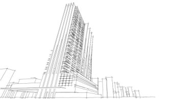 Eskiz mimarisi. Kentsel kablo çerçevesi kavramı. Mimarinin 3 boyutlu kablo iskeleti çizimi