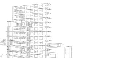 Modern şehir panorama 3d illüstrasyon, Cityscape skeç, Metropolis 3D gökdelen çizimi, mimari arka plan